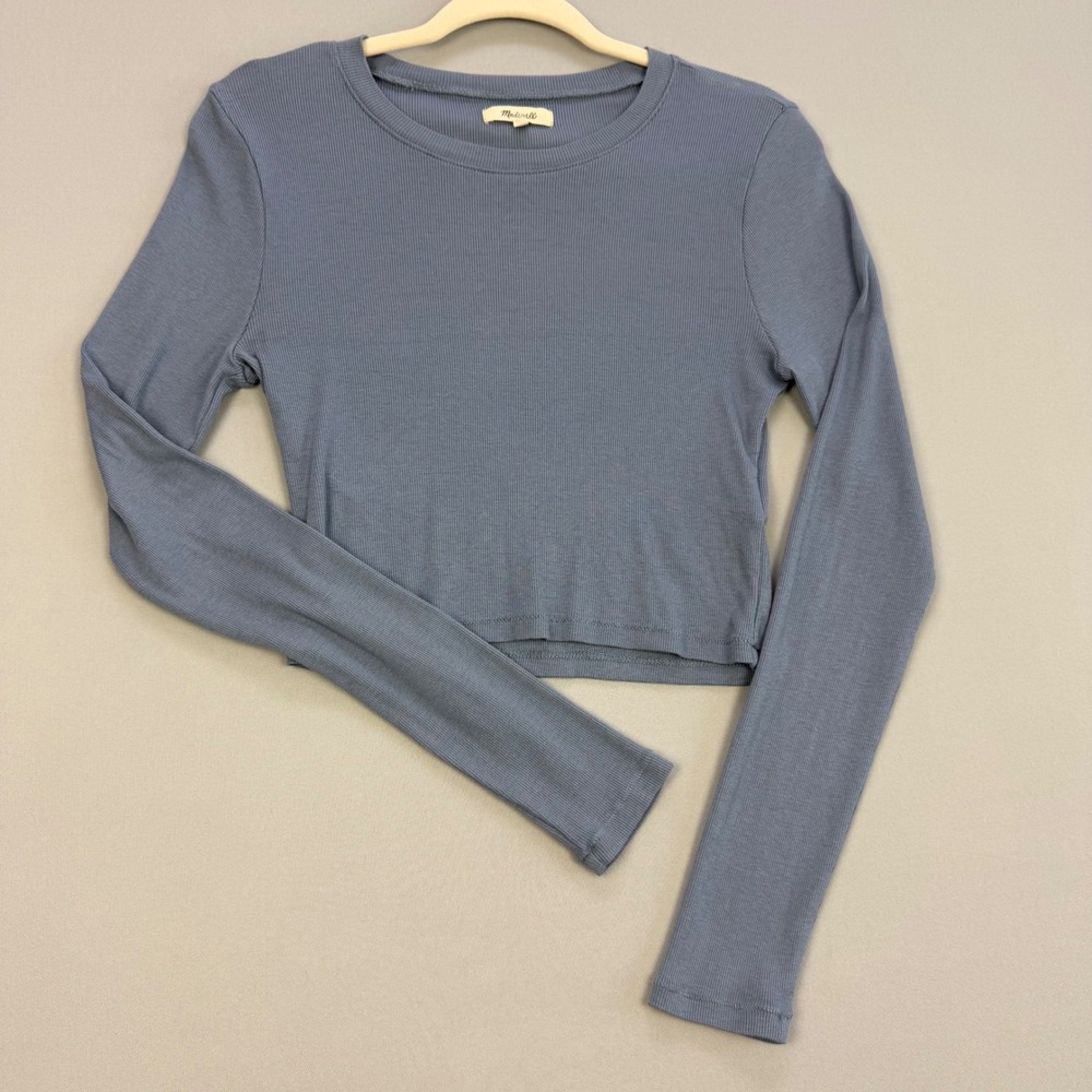 Madewell Fine Ribbed Supercrop Long Sleeve Top Teapot Blue Cotton Modal Large